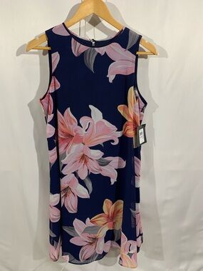 Navy Floral Sleeveless Shift Dress with Pink Lilies